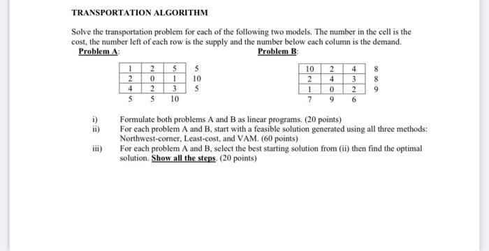Solved 2 TRANSPORTATION ALGORITHM Solve the transportation | Chegg.com