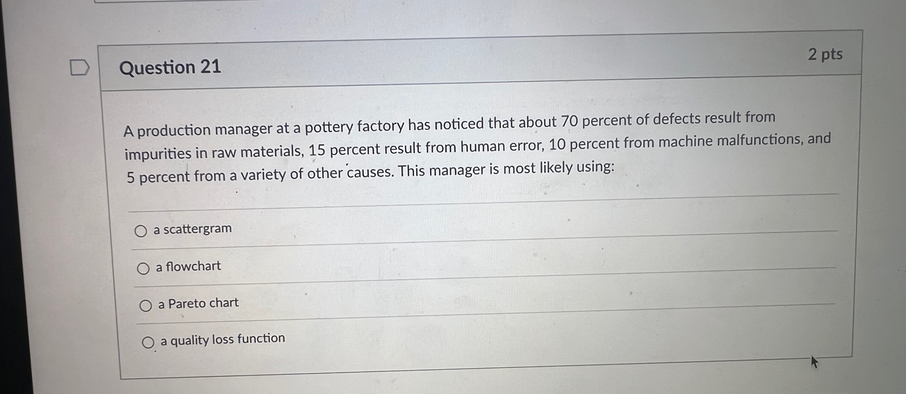 Solved Question 21A production manager at a pottery factory | Chegg.com