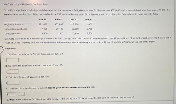 Solved Job Costs Using a Plantwide Overhead Rate Perrin | Chegg.com