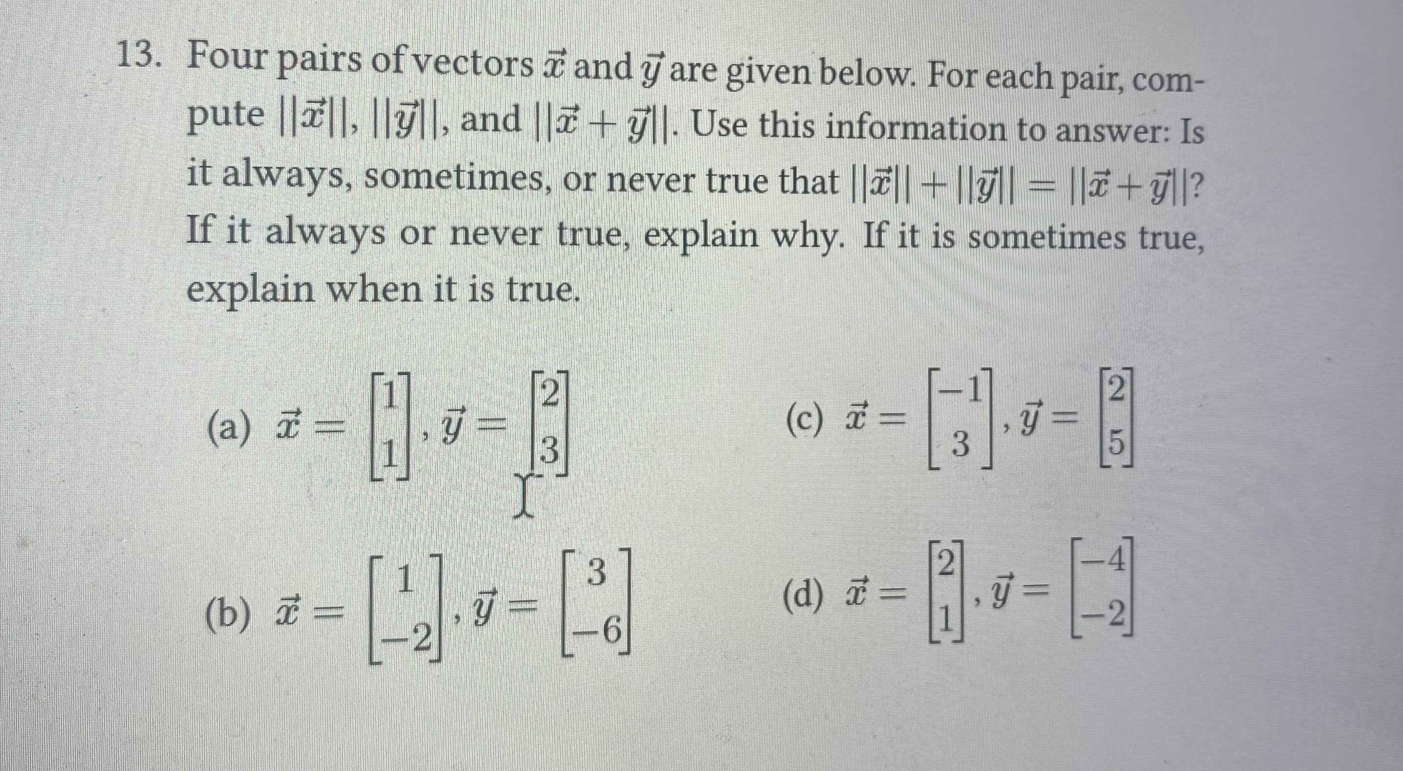 Solved Four pairs of vectors vec(x) ﻿and vec(y) ﻿are given | Chegg.com