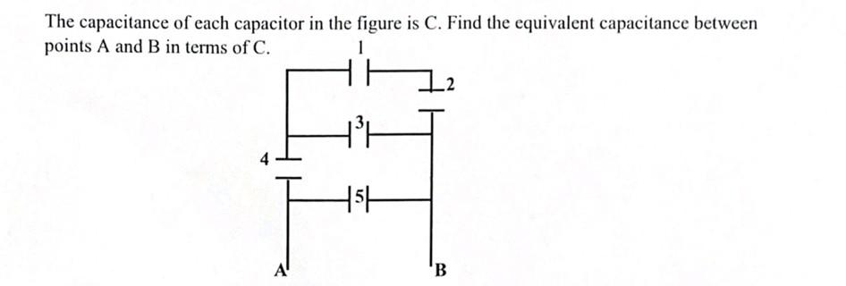 The capacitance of each capacitor in the figure is C. Find the equivalent capacitance between points \( A \) and \( B \) in t