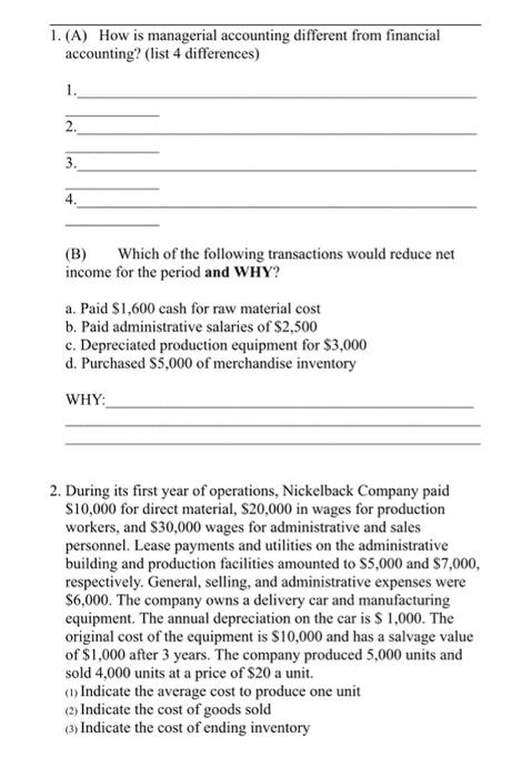 Solved 1. (A) How is managerial accounting different from | Chegg.com