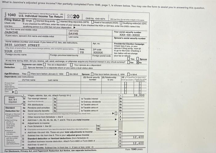 Solved What is Jasmine's adjusted gross income? Her | Chegg.com