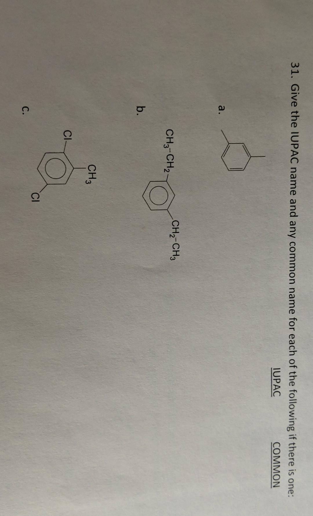 Solved 31. Give the IUPAC name and any common name for each | Chegg.com