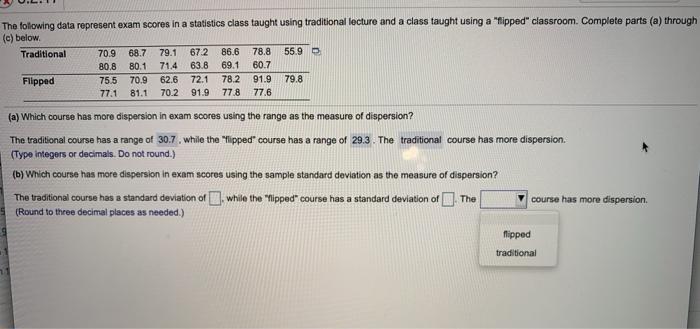 Solved The following data represent exam scores in a | Chegg.com