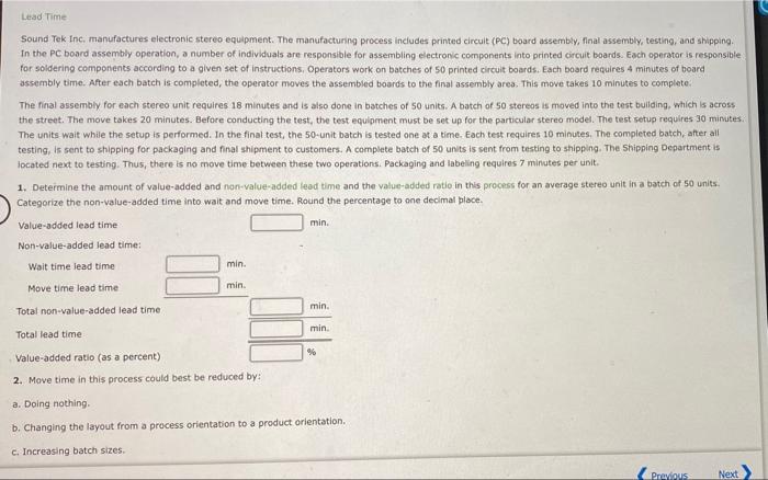 Solved Lead Time Sound Tek Inc. Manufactures Electronic | Chegg.com