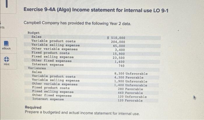 Solved Exercise 9-4A (Algo) Income statement for internal | Chegg.com