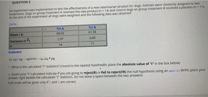 Solved QUESTION 2 An experiment was implemented to test the | Chegg.com