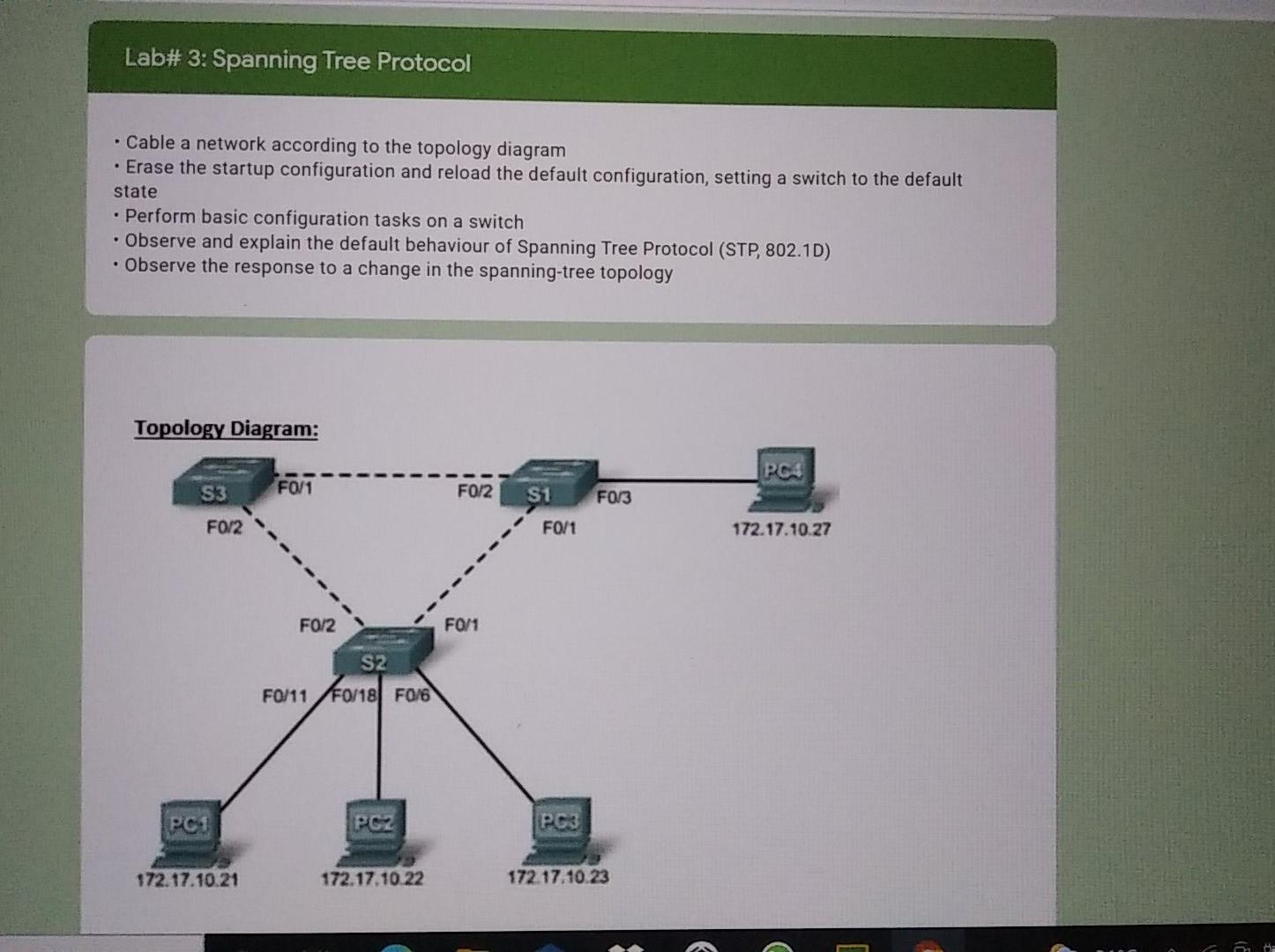 Solved Lab# 3: Spanning Tree Protocol • Cable a network | Chegg.com