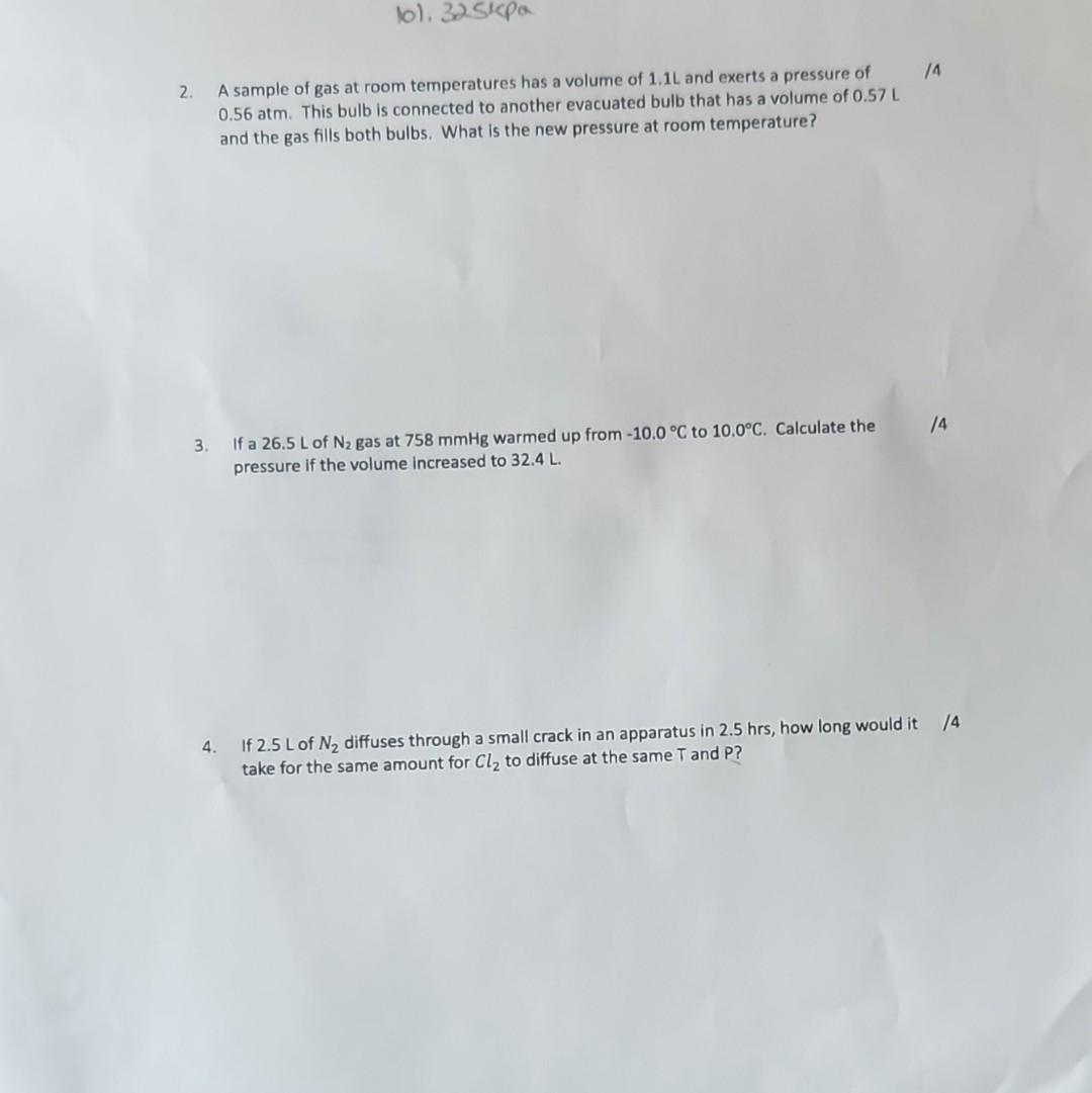 Solved 2. A Sample Of Gas At Room Temperatures Has A Volume 