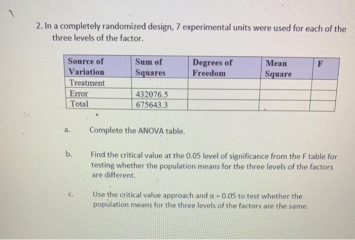 Solved 2. In a completely randomized design, 7 experimental | Chegg.com