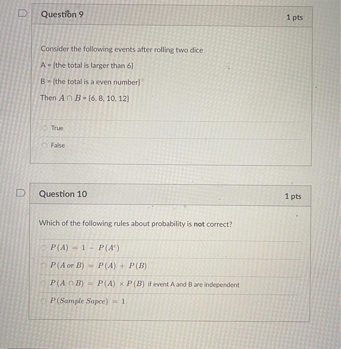 Solved consider the following events after rolling two dice chegg
