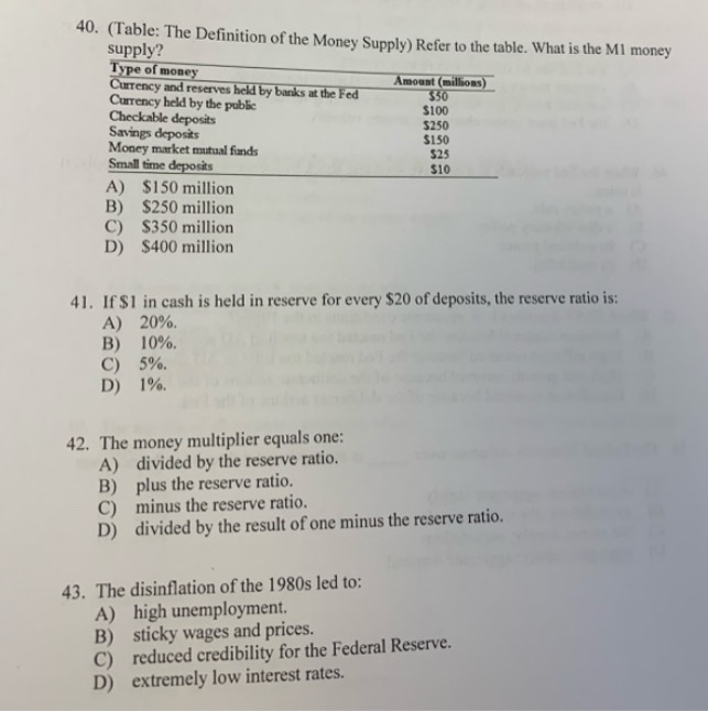 Solved 40. (Table The Definition of the Money Supply) Refer
