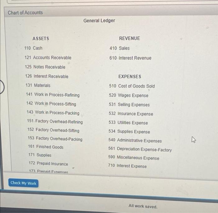 Chart of Accounts
ASSETS
General Ledger
110 Cash
121 Accounts Receivable
125 Notes Receivable
126 Interest Receivable
131 Mat