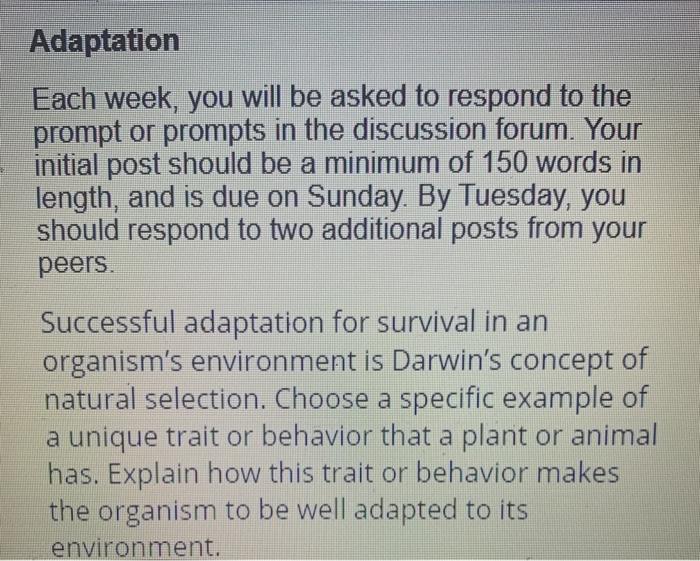 Solved Adaptation Each week, you will be asked to respond to | Chegg.com