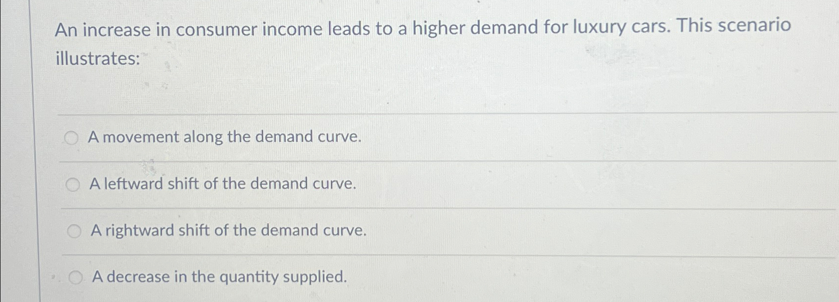 Solved An increase in consumer income leads to a higher | Chegg.com