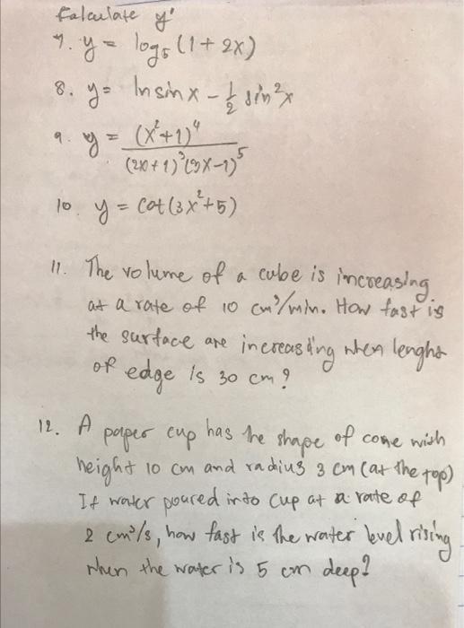 Solved Calculate y ya logs (1 + 2x) 8. go Insinx- & sn3 y = | Chegg.com