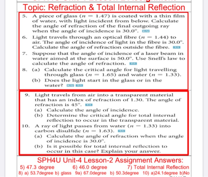Total Internal Reflection Sample Problems Solved Topic: Refraction & Total Internal Reflection 5. A | Chegg.com