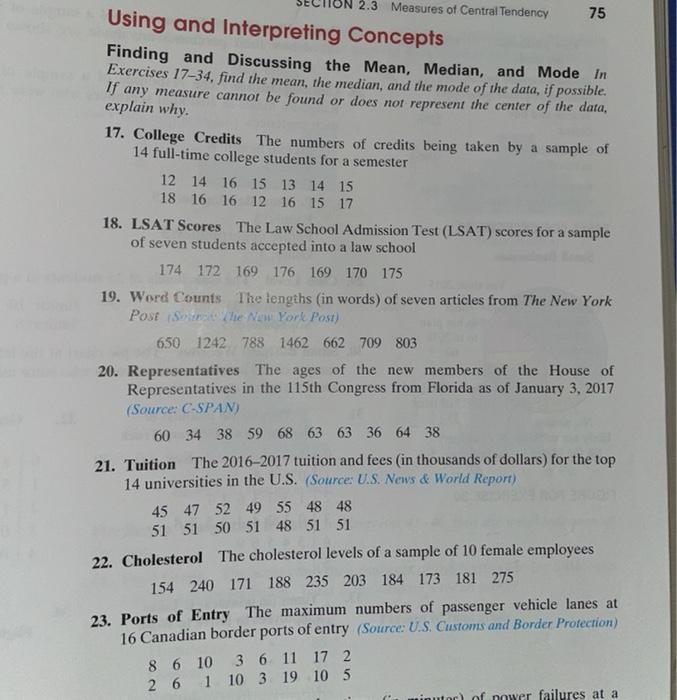 Solved 75 2.3 Measures of Central Tendency Using and | Chegg.com