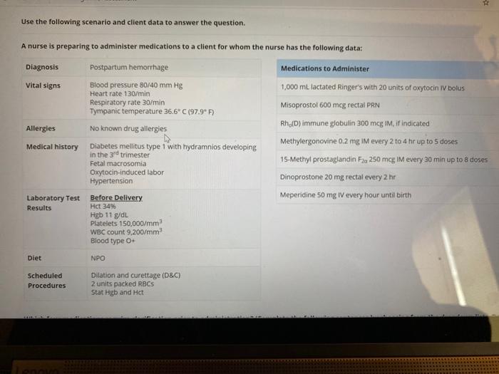 Use the following scenario and client data to answer the question. A nurse is preparing to administer medications to a client