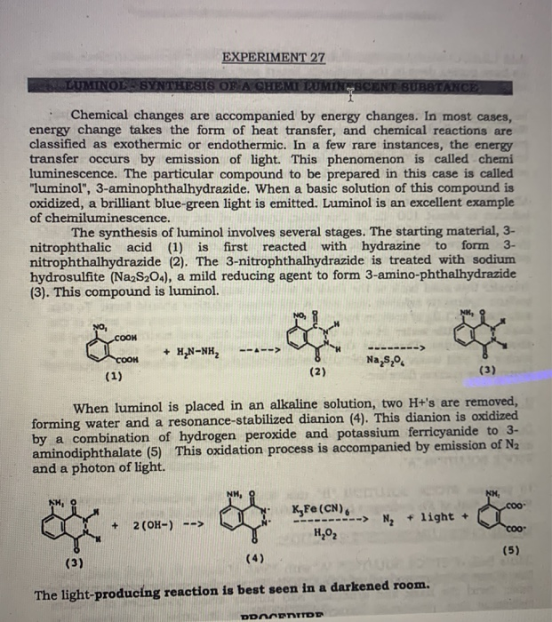 Solved EXPERIMENT 27 LUMINOL SYNTHESIS OF A CHEMI