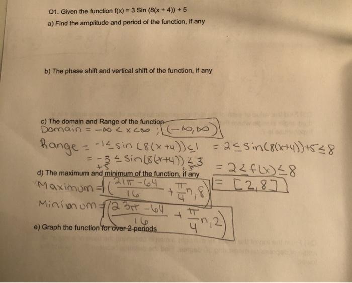 Solved Q1. Given the function f(x) = 3 Sin (8(x + 4)) + 5 a) | Chegg.com