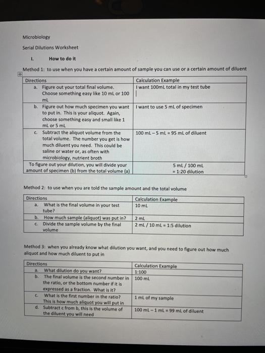 Solved Microbiology Serial Dilutions Worksheet 1. How to do