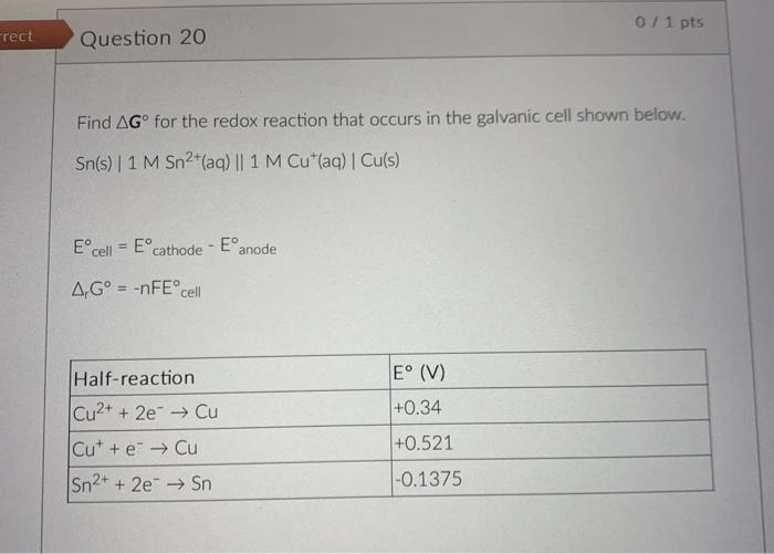 Solved 01 Pts Rect Question 20 Find Agº For The Redox 