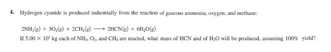 Solved 4. Hydrogen cyanide is produced industrially from the | Chegg.com