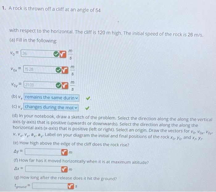 Solved 1. A rock is thrown off a cliff at an angle of 54 | Chegg.com