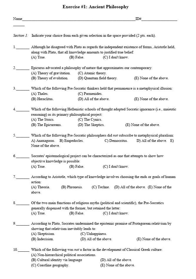 Exercise #1: Ancient Philosophy Name ID# Section 1: | Chegg.com