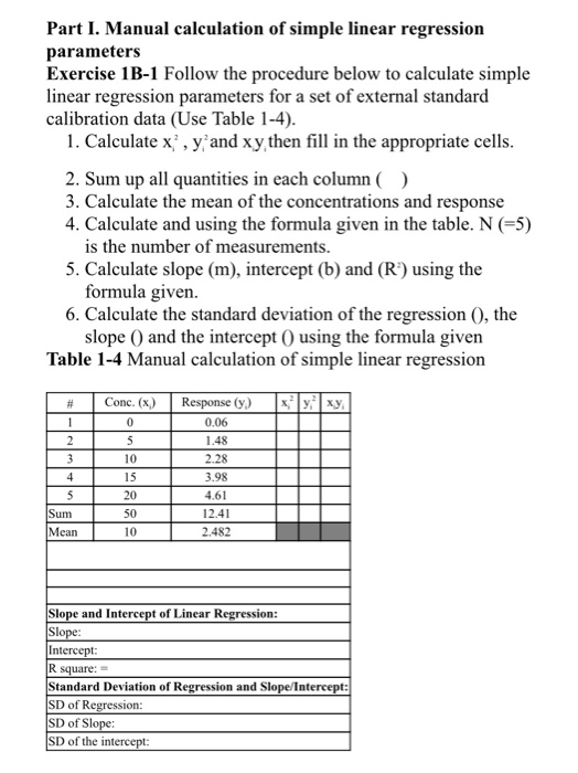 Solved Part I. Manual calculation of simple linear | Chegg.com