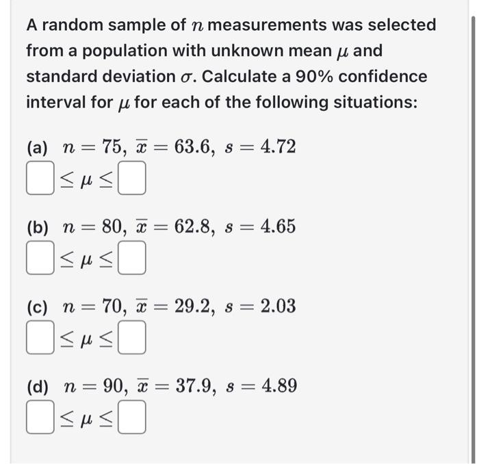 Solved A random sample of n measurements was selected from a | Chegg.com