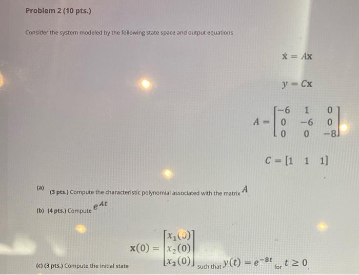 Solved Problem 2 (10 pts.) Consider the system modeled by | Chegg.com