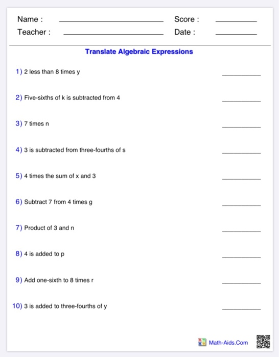 Solved Name Teacher Score Date Translate Algebraic Chegg Com