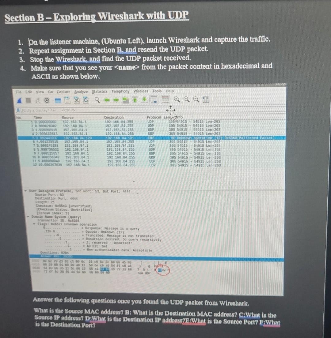 Solved Section B-Exploring Wireshark With UDP 1. On The | Chegg.com