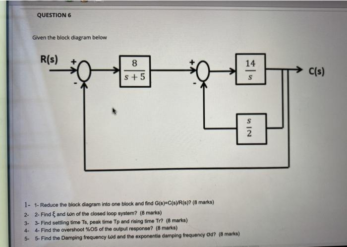 Solved QUESTION 6 Given the block diagram below R(s) 8 14 | Chegg.com