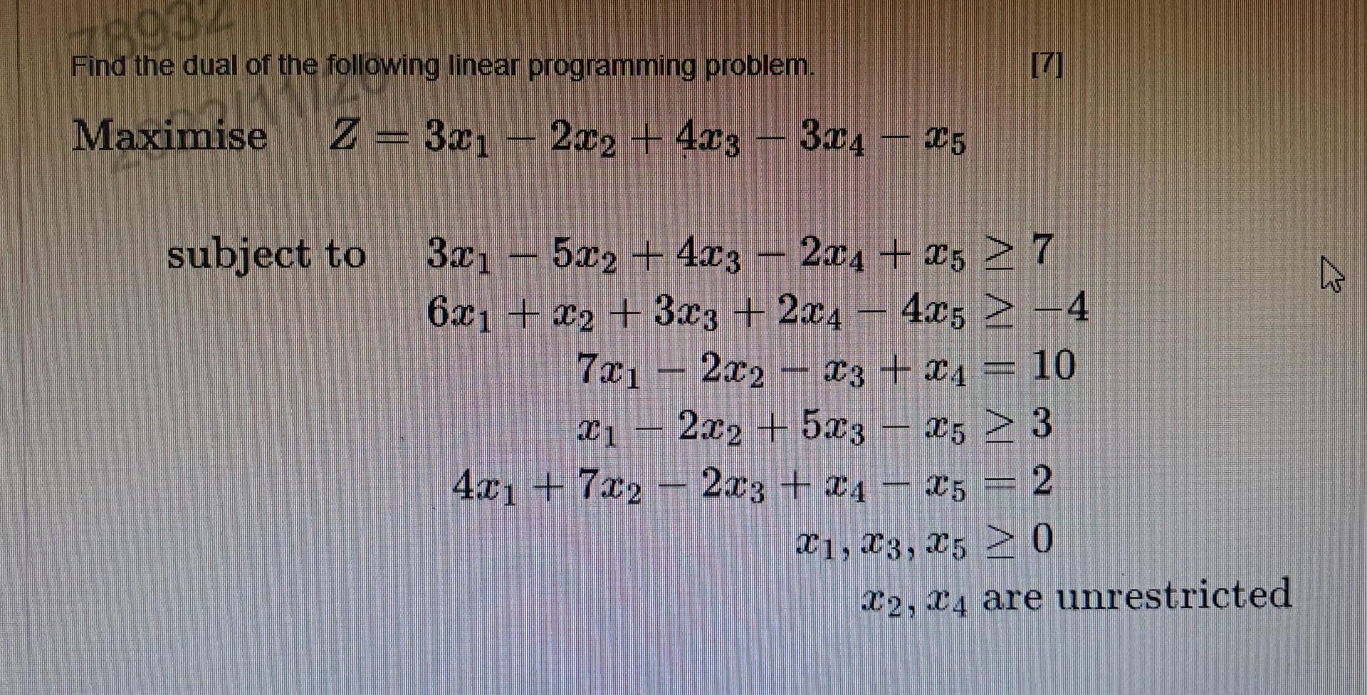 Solved Find the dual of the following linear programming | Chegg.com