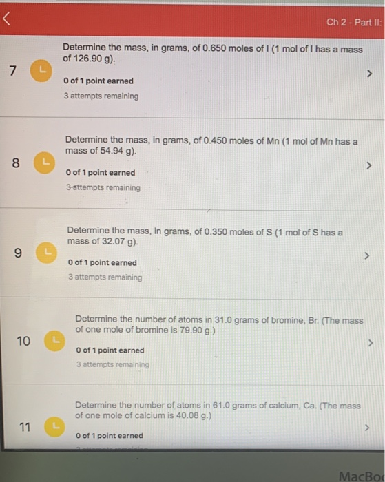 Solved Ch 2 Part Ii Determine The Mass In Grams Of Chegg Com