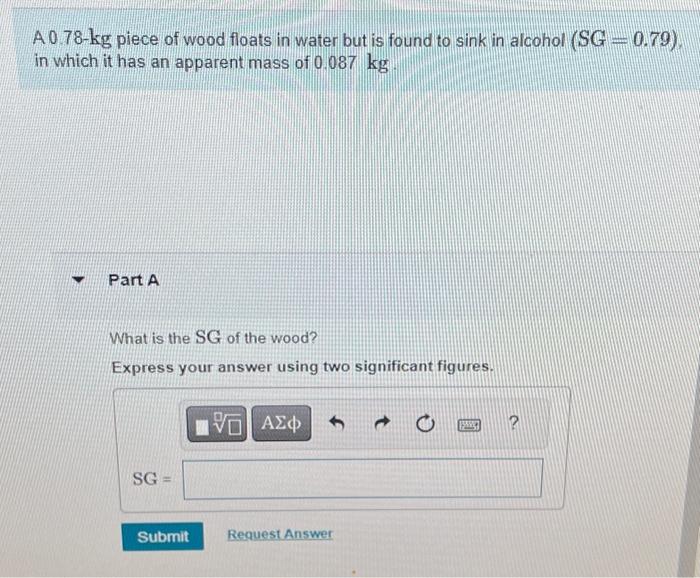 Solved A 0.78−kg piece of wood floats in water but is found