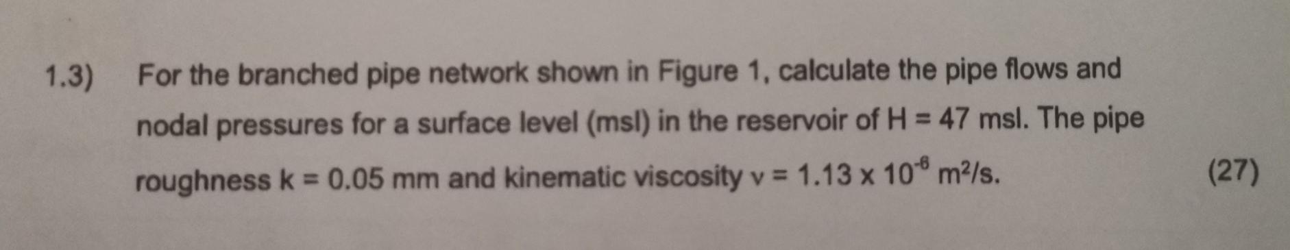 Solved 1.3) For The Branched Pipe Network Shown In Figure 1, | Chegg.com