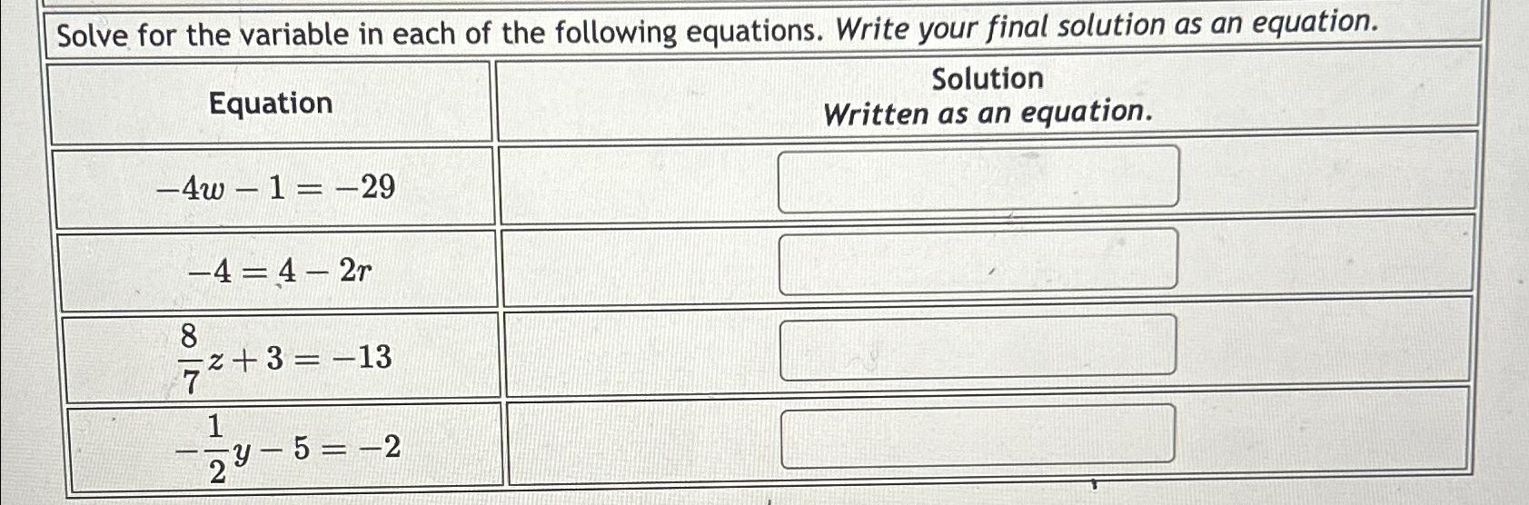 Solved Solve for the variable in each of the following | Chegg.com