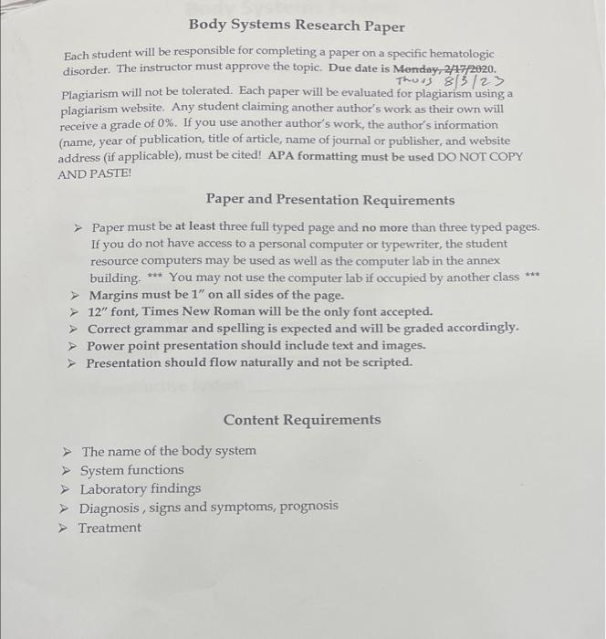 body systems research paper