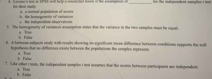 Solved for the independent samples t test 4. Levene' test in | Chegg.com