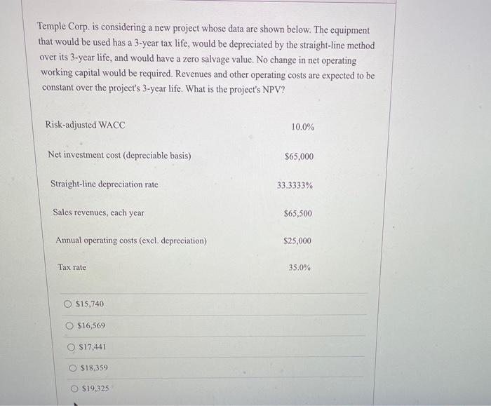 Temple corp. is considering a new project whose data are shown below. the equipment that would be used has a 3-year tax life,