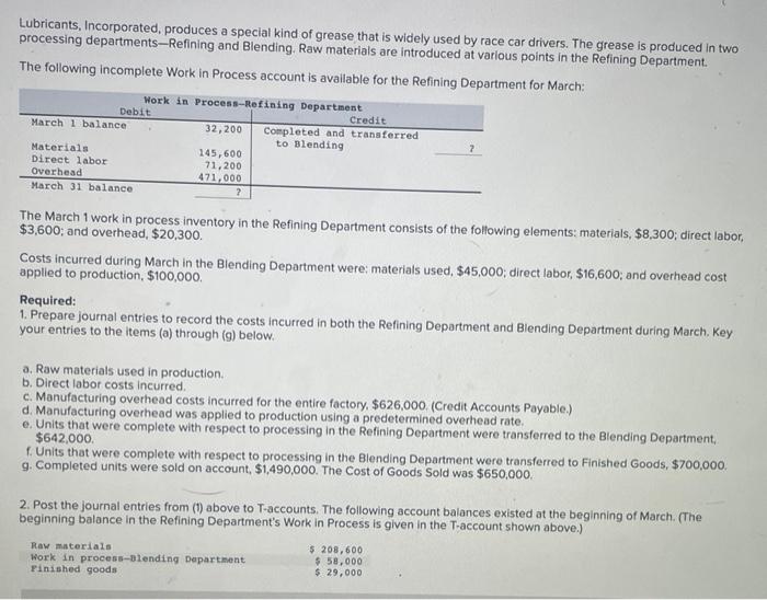 Solved Lubricants, Incorporated, produces a special kind of