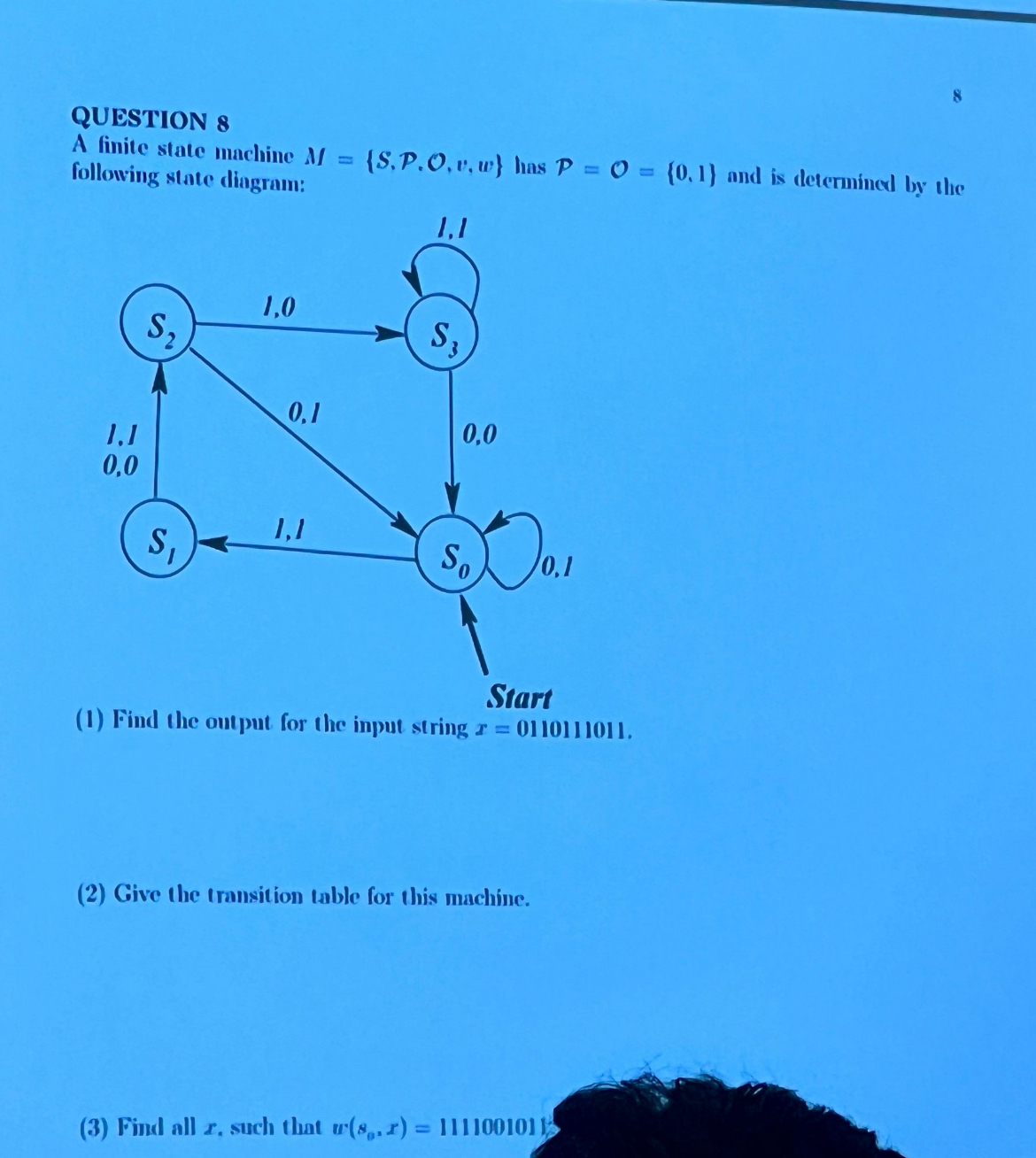 Solved 8QUESTION 8A finite state machine M={S,P,O,v,w} ﻿has | Chegg.com