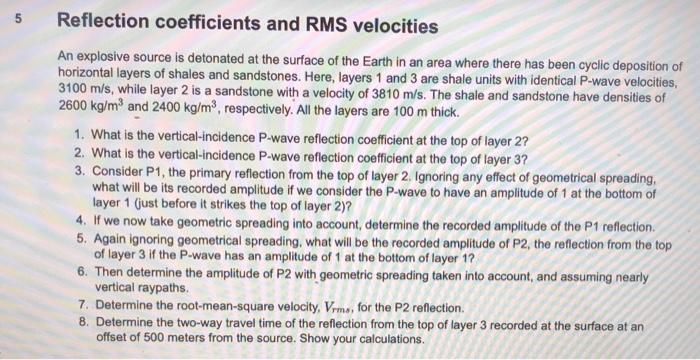 Solved 5 5 Reflection coefficients and RMS velocities An | Chegg.com