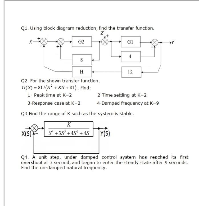 Solved Q1. Using block diagram reduction, find the transfer | Chegg.com