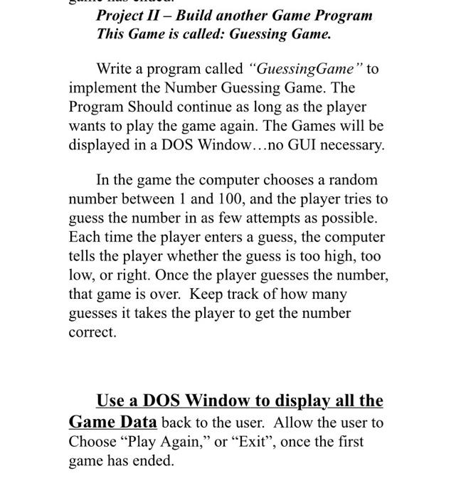 Solved Project I-Build a Simple Game Program The Game is | Chegg.com